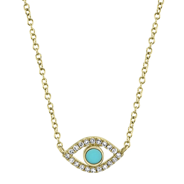 SHY CREATION INC 14kt Yellow Gold .06 Diamond .07 Turquoise Eye Necklace