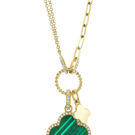 SHY CREATION INC 14kt Yellow Gold .17 Diamond 1.88 Malachite Clover Paper Clip Neck