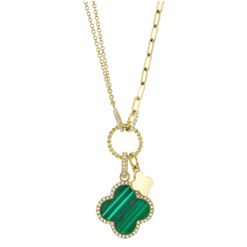SHY CREATION INC 14kt Yellow Gold .17 Diamond 1.88 Malachite Clover Paper Clip Neck