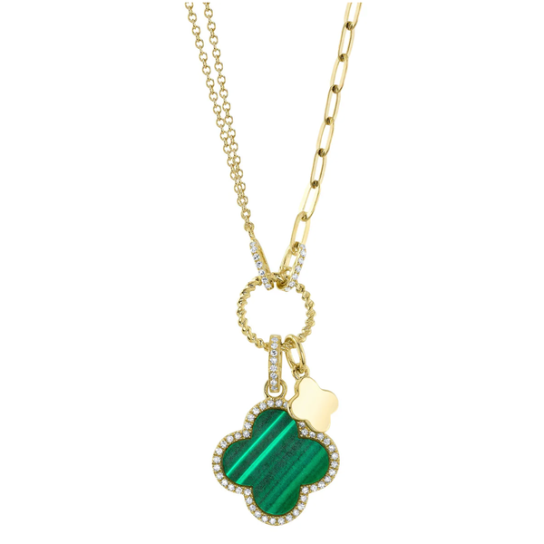 SHY CREATION INC 14kt Yellow Gold .17 Diamond 1.88 Malachite Clover Paper Clip Neck