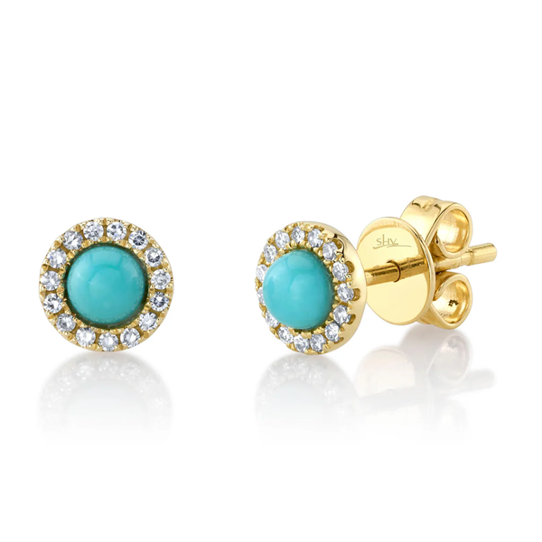 SHY CREATION INC 14kt Yellow Gold .10 Diamond 0.23 Turquoise Studs