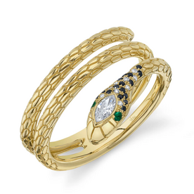 SHY CREATION INC 14kt Yellow Gold .17 Black and White Dia .02 Emerald Snake Ring