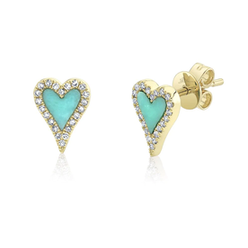 SHY CREATION INC 14kt Yellow Gold .13 Diamond .36 Turquoise Heart Studs