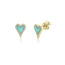 SHY CREATION INC 14kt Yellow Gold .13 Diamond .36 Turquoise Heart Studs