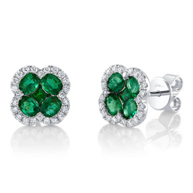 SHY CREATION INC 14kt White Gold .33C Diamond 1.29 Emerald Clover Studs