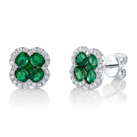 SHY CREATION INC 14kt White Gold .33C Diamond 1.29 Emerald Clover Studs