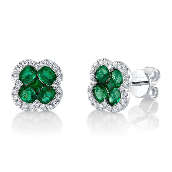 SHY CREATION INC 14kt White Gold .33C Diamond 1.29 Emerald Clover Studs
