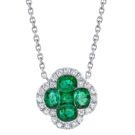 SHY CREATION INC 14kt White Gold .16 Diamond .65 Emerald Clover Necklace