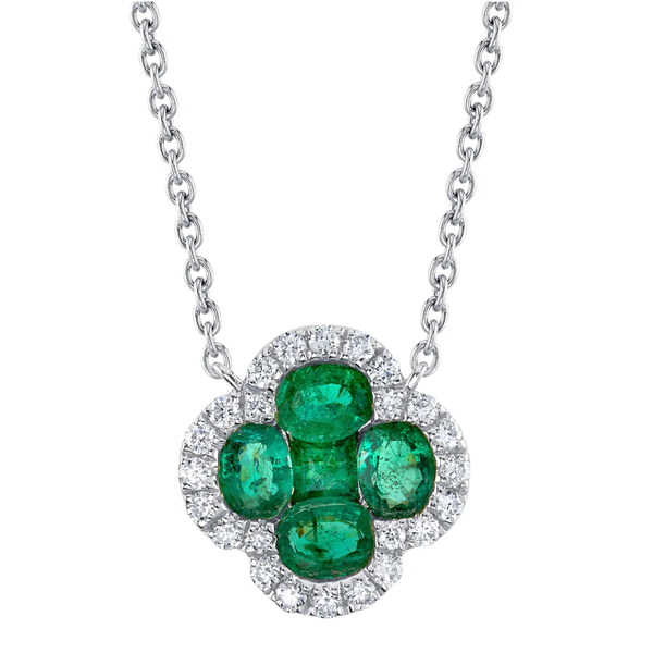 SHY CREATION INC 14kt White Gold .16 Diamond .65 Emerald Clover Necklace