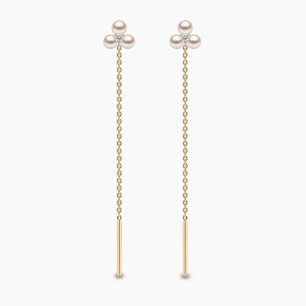YOKO Trend 18K Gold Triple Freshwater Pearl and Diamond Pull Through Chain Earrings