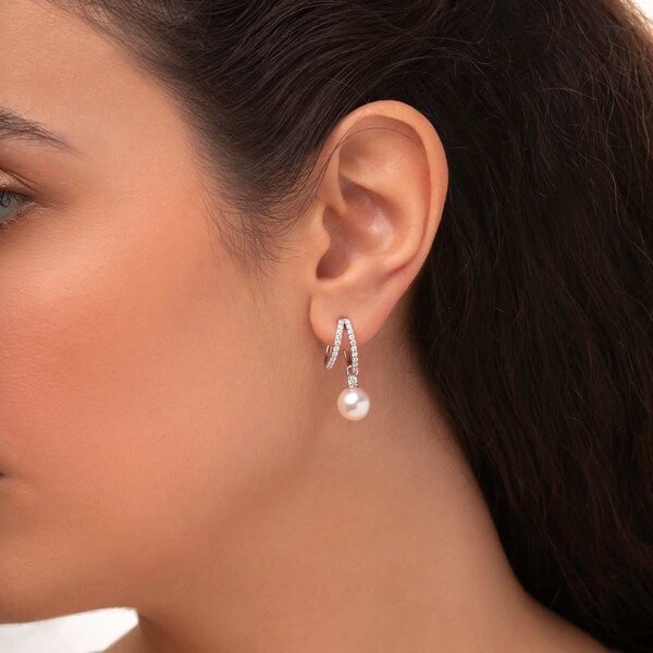 YOKO Baby Glitz 18K Gold Akoya Pearl and Double Hoop Diamond Earrings