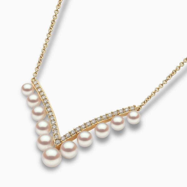 YOKO Sleek 18K Gold Pearl and Diamond V Necklace