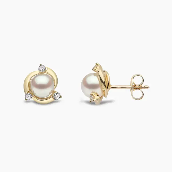 YOKO Trend 18K Gold Freshwater Pearl And Round Diamond Stud Earrings