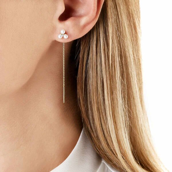 YOKO Trend 18K Gold Triple Freshwater Pearl and Diamond Pull Through Chain Earrings