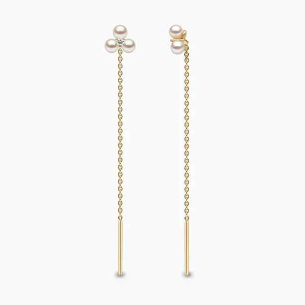 YOKO Trend 18K Gold Triple Freshwater Pearl and Diamond Pull Through Chain Earrings