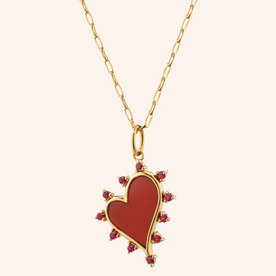 MONICA RICH KOSANN "Love" Heart Necklace with Carnelian and Rubies in 18K Yellow Gold