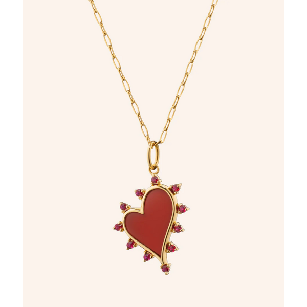 MONICA RICH KOSANN "Love" Heart Necklace with Carnelian and Rubies in 18K Yellow Gold