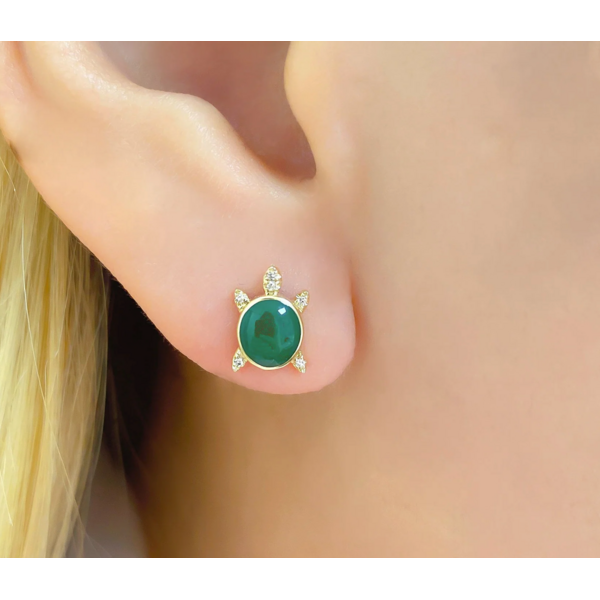 SHY CREATION INC 14K Y/G  0.03CT DIAMOND & GREEN ENAMEL TURTLE STUD EARRINGS