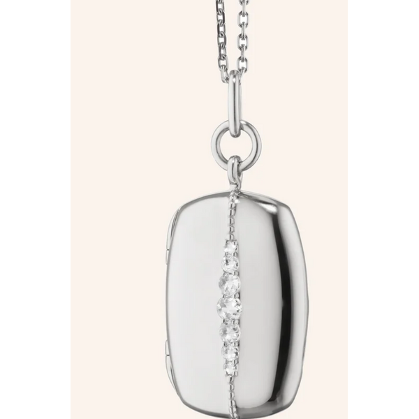 MONICA RICH KOSANN Slim Rectangle "Kate" Locket Necklace with White Sapphire in Sterling Silver