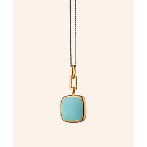 MONICA RICH KOSANN Turquoise Enamel Vermeil Cushion Locket 18K Yellow Gold over Sterling Silver.