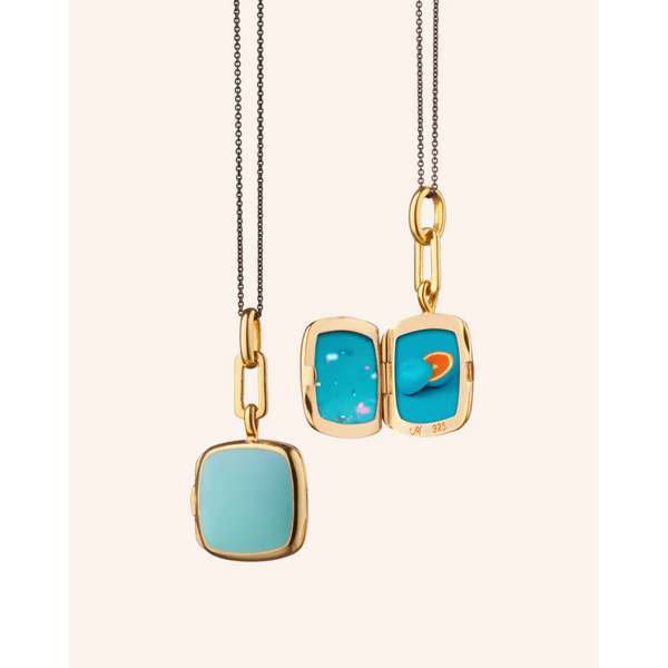 MONICA RICH KOSANN Turquoise Enamel Vermeil Cushion Locket 18K Yellow Gold over Sterling Silver.