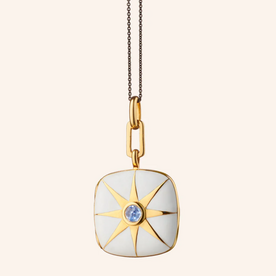MONICA RICH KOSANN White Enamel Vermeil Cushion Locket with Blue Sapphire 18K Yellow Gold over Sterling Silver.