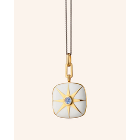 MONICA RICH KOSANN White Enamel Vermeil Cushion Locket with Blue Sapphire 18K Yellow Gold over Sterling Silver.