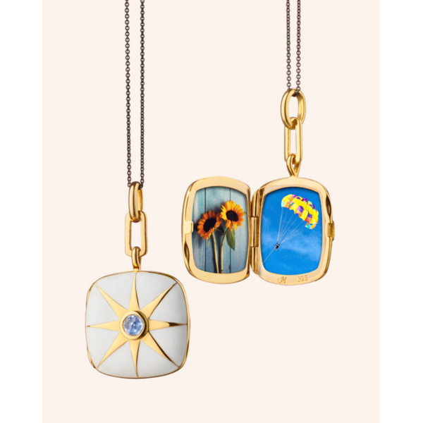 MONICA RICH KOSANN White Enamel Vermeil Cushion Locket with Blue Sapphire 18K Yellow Gold over Sterling Silver.