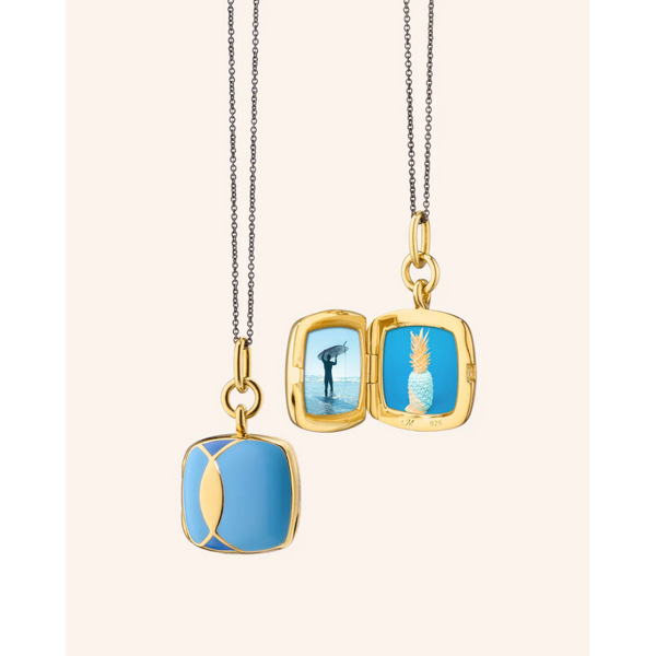 MONICA RICH KOSANN Blue Enamel Vermeil Cushion Deco Locket 18K Yellow Gold over Sterling Silver. Locket x Color®