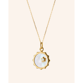 MONICA RICH KOSANN "Happiness" Sun and Star Necklace with Mother of Pearl and a Diamond in 18K Yellow Gold