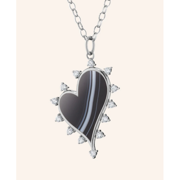MONICA RICH KOSANN Large "Love" Heart Necklace with Black Agate and Sapphires in Sterling Silver