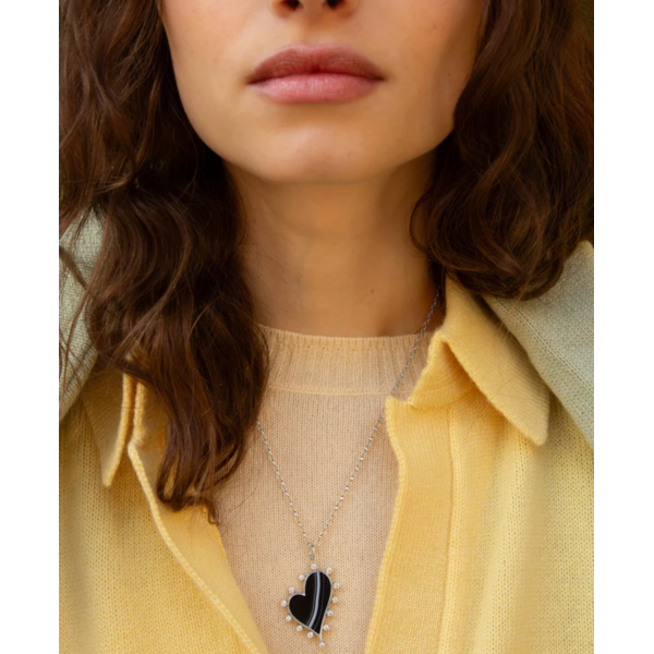 MONICA RICH KOSANN CH-LgBlackHeart-SS - SS Large Love Heart Necklace with Black Agate and Sapphires