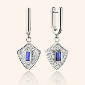 MONICA RICH KOSANN "Fearless" Shield Earrings with Blue Sapphire Baguette and White Sapphires in Sterling Silver