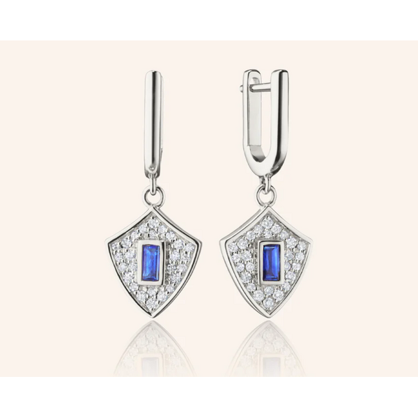 MONICA RICH KOSANN "Fearless" Shield Earrings with Blue Sapphire Baguette and White Sapphires in Sterling Silver