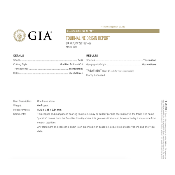 Platinum .67ct Paraiba Tourmaline and Diamond Pendant