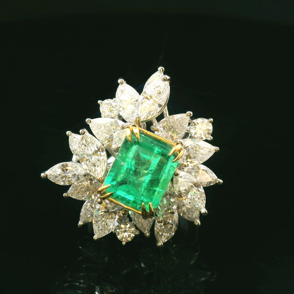 18kt Yellow and White Gold 2.84 Emerald 6.2 Diamond Ring