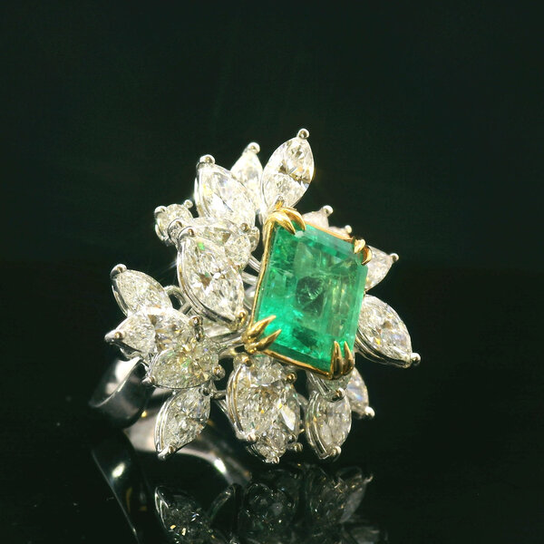 18kt Yellow and White Gold 2.84 Emerald 6.2 Diamond Ring