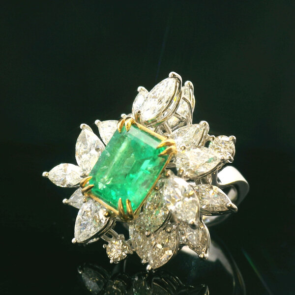 18kt Yellow and White Gold 2.84 Emerald 6.2 Diamond Ring