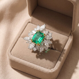 18kt Yellow and White Gold 2.84 Emerald 6.2 Diamond Ring