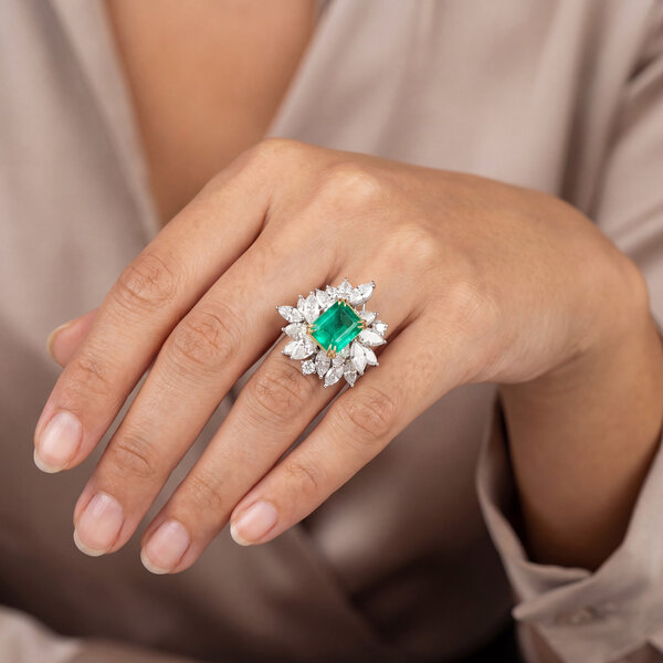 18kt Yellow and White Gold 2.84 Emerald 6.2 Diamond Ring