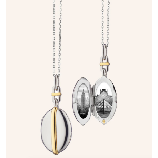 MONICA RICH KOSANN Slim Oval "Tess" Two-Tone Locket Necklace in Sterling Silver and Solid 18K Yellow Gold
