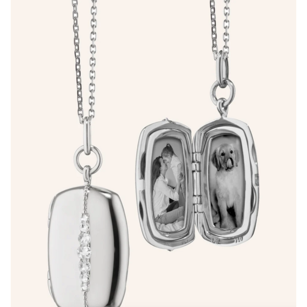 MONICA RICH KOSANN Slim Rectangle "Kate" Locket Necklace with White Sapphire in Sterling Silver