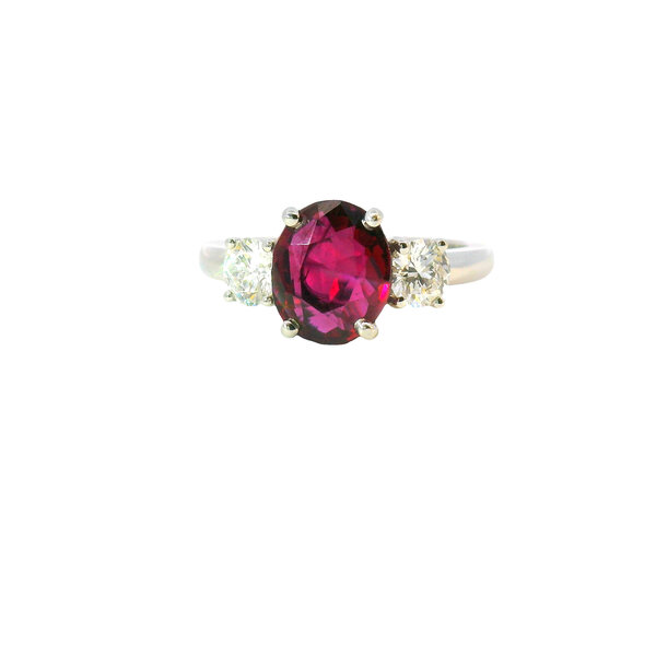 Platinum 2.55 Oval Ruby .56 Diamond 3 Stone Ring