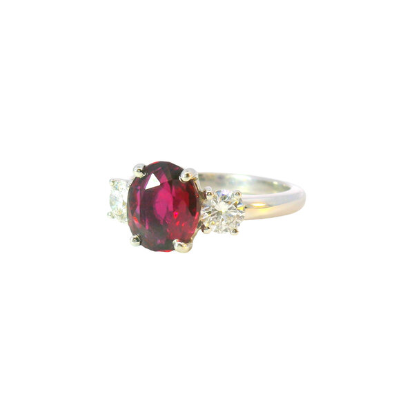 Platinum 2.55 Oval Ruby .56 Diamond 3 Stone Ring