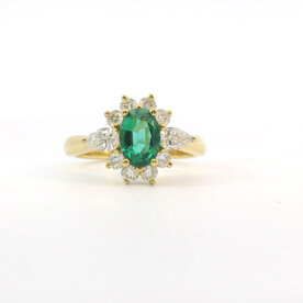18ky .78ct Oval Emerald .83ct Diamond Cluster Ring