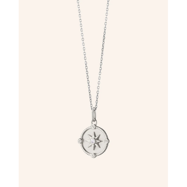 MONICA RICH KOSANN CH-SmCompass-SS - Mini "Adventure" Compass Necklace with White Sapphire in Sterling Silver