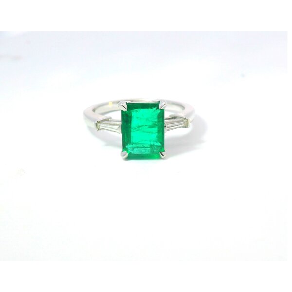 18kt White Gold  2.45 Emerald .20 Diamond 3 Stone Ring