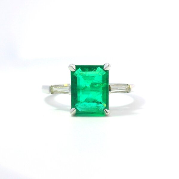 18kt White Gold  2.45 Emerald .20 Diamond 3 Stone Ring