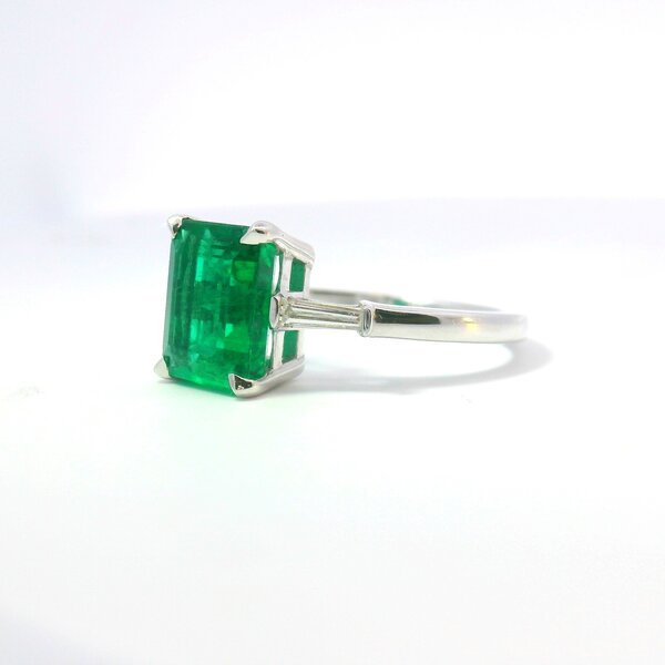 18kt White Gold  2.45 Emerald .20 Diamond 3 Stone Ring