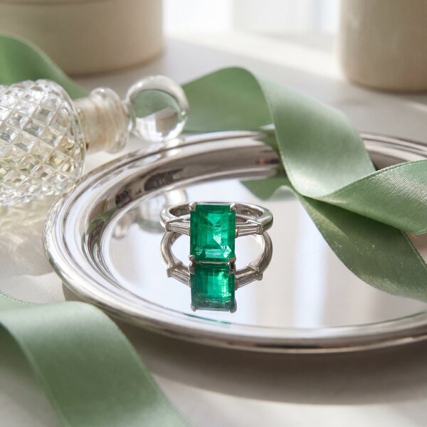18kt White Gold  2.45 Emerald .20 Diamond 3 Stone Ring